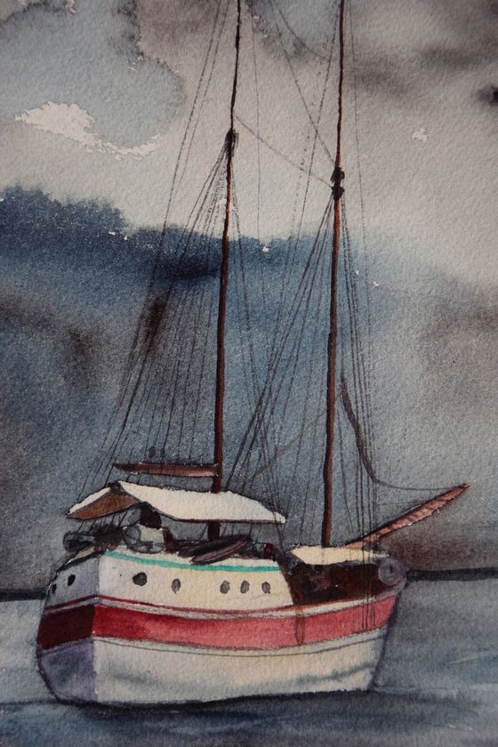 Watercolor painting Ship in Oslo port, Norway fjord