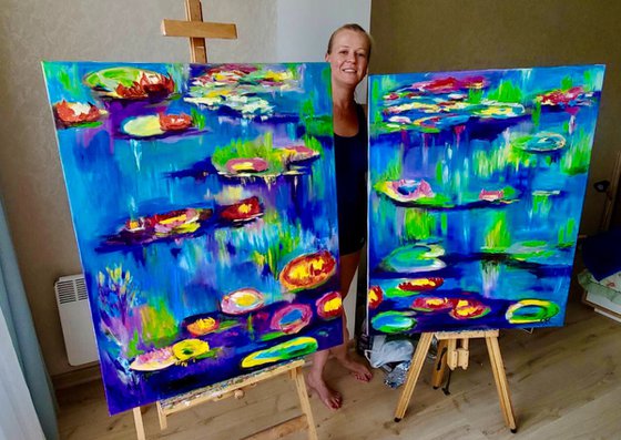 Water Lilies 160 x 100 inspired by Claude Monet multi panelled oil painting