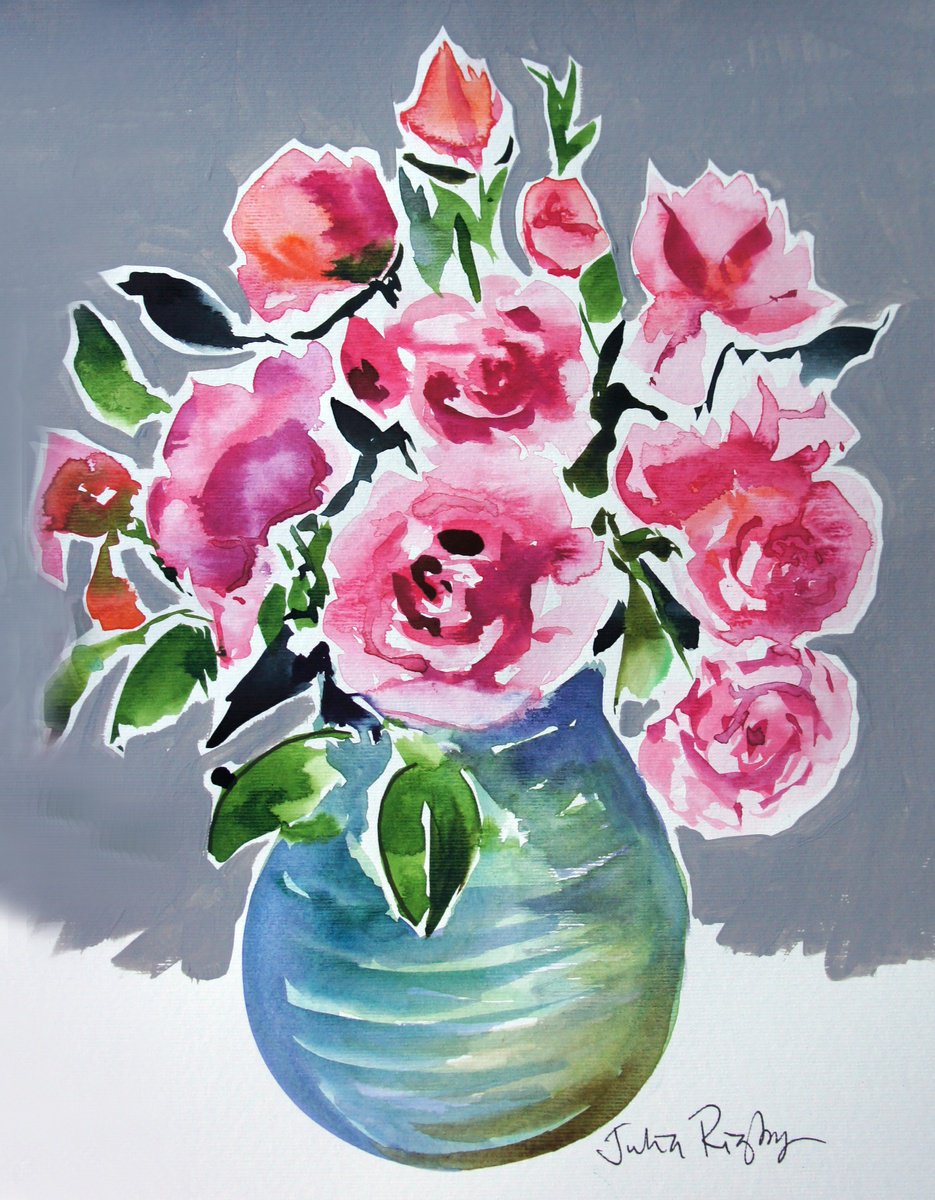 Graphic Botanical Painting By Julia Rigby, 12 X 16", Fresh Roses, Original Artwork