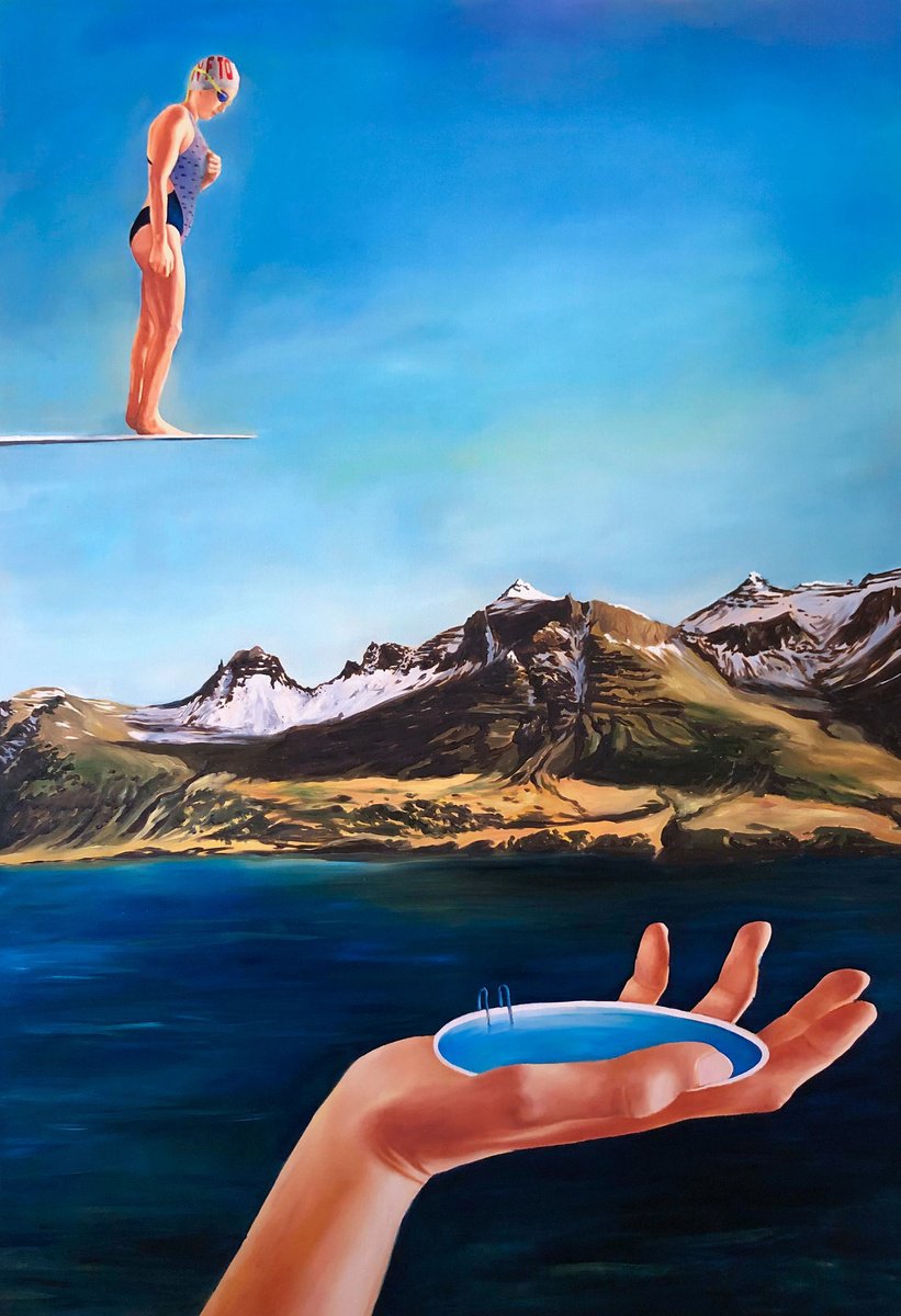 Surrealistic Landscape Oil Painting By Sofia Fresia, 39 X 59", The Pool. Stodvarfjordur, Original Artwork