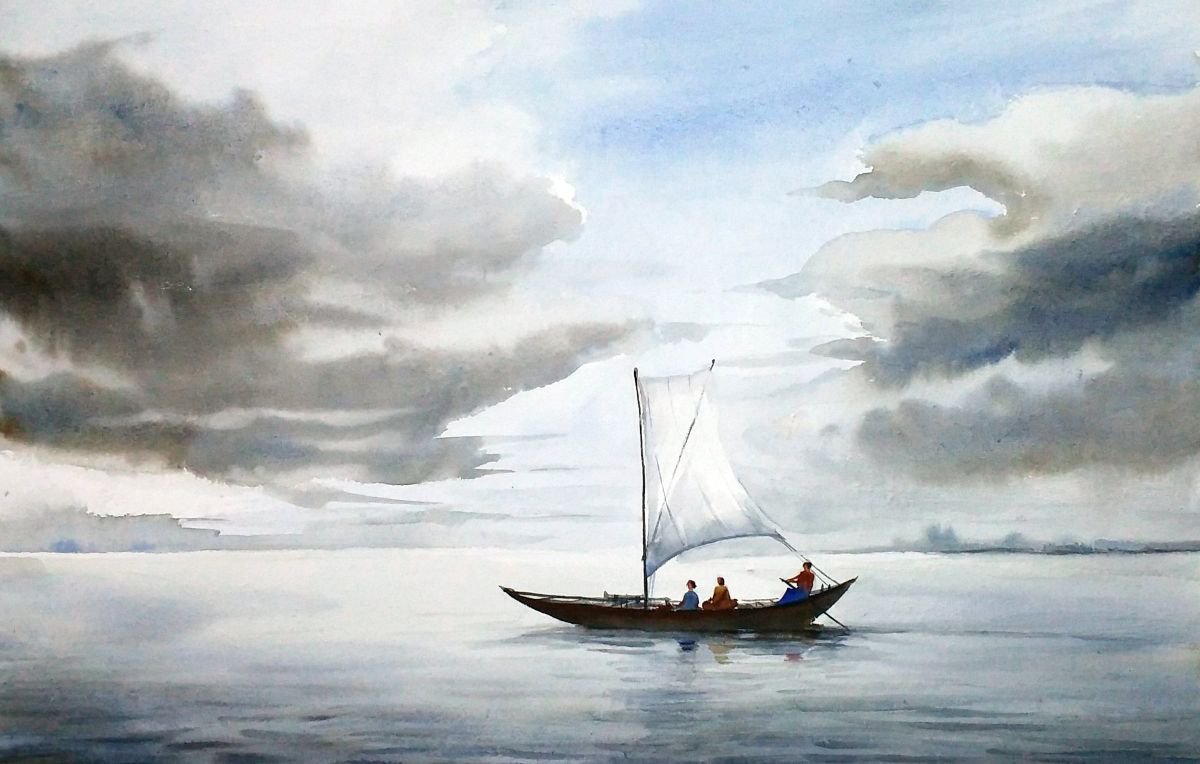 Cloudy River & Boat - Watercolor painting on paper by Samiran Sarkar