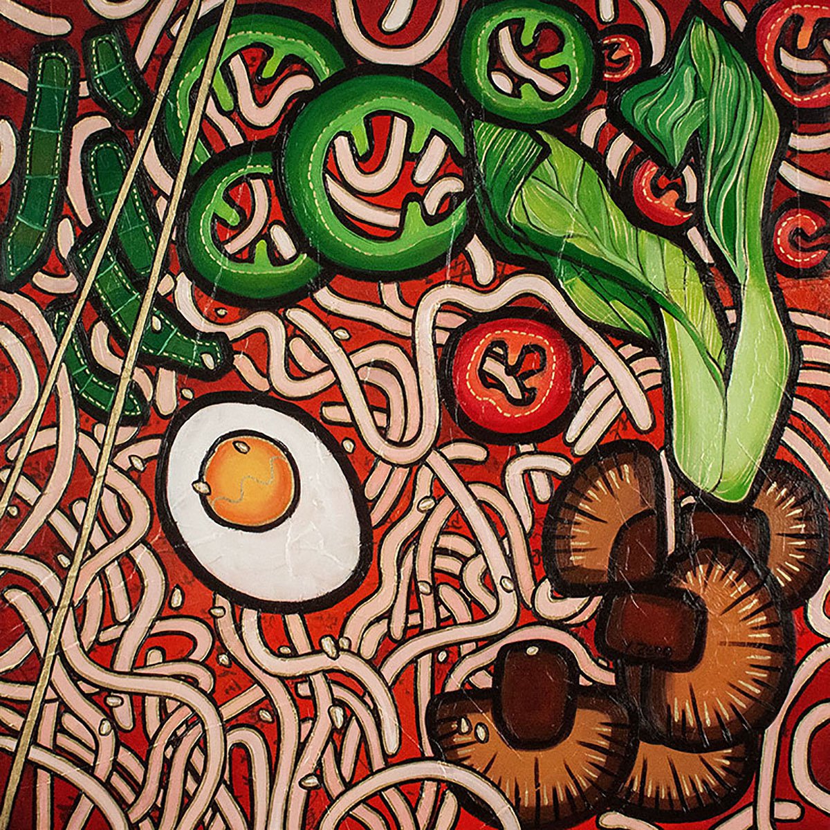 Organic Still Life Painting By Yue Zeng, 20 X 20", Ramen Noodle Vegetable, Original Artwork