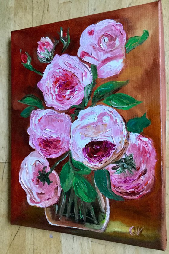 BOUQUET OF CORAL ROSES #4 palette knife modern red pink still life  flowers Dutch style office home decor gift