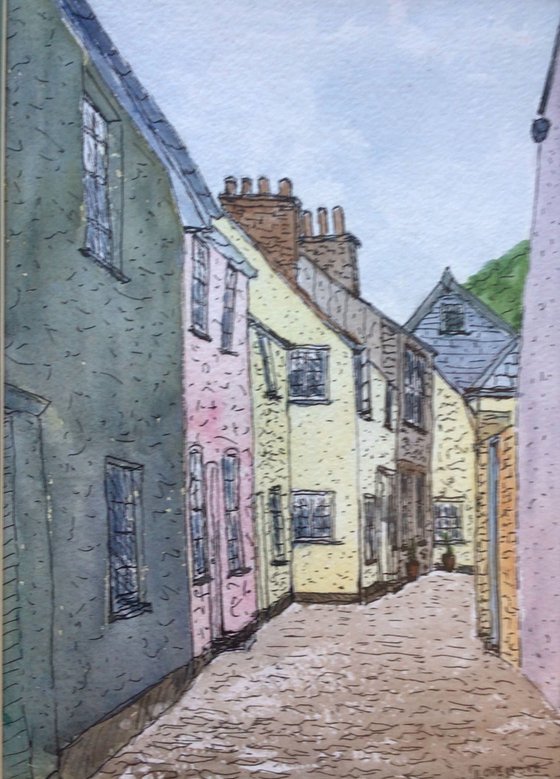 Cobbled Cornish Street in Boscastle. An original ink and watercolour.