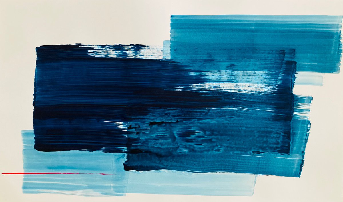 Abstract Ink Drawing By Ryoko Minamitani, 33 X 20", Indigo Space #0-2, Original Artwork