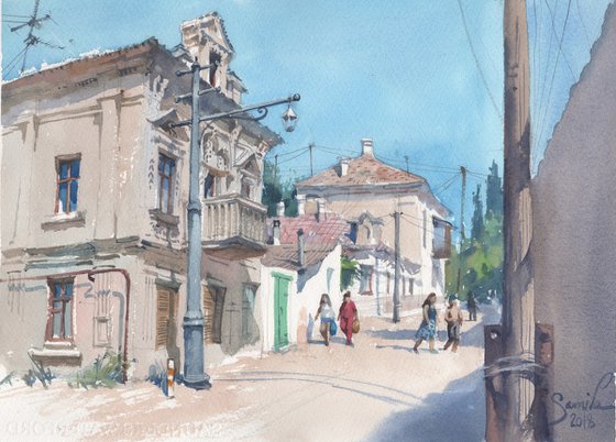 Cityscape of Old City in Europe.It's original landscape painting of watercolor art for interior.