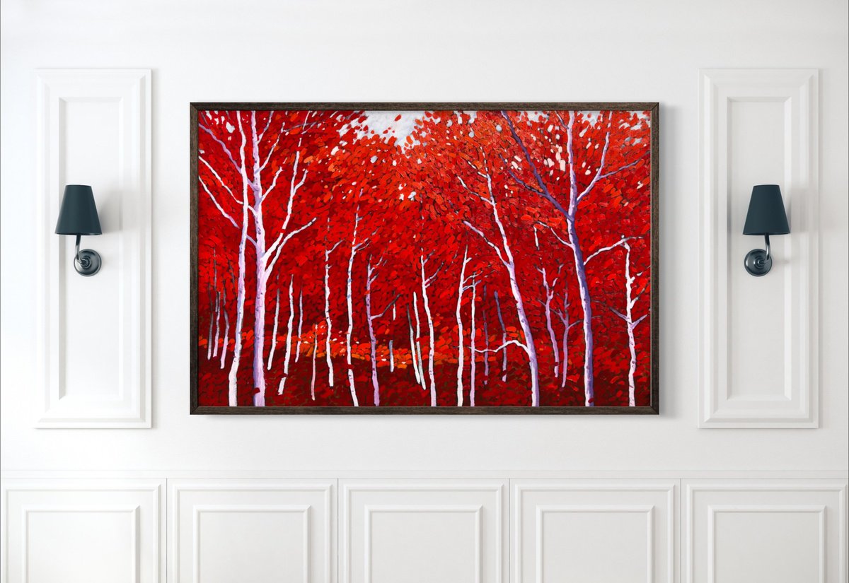 Impressionistic Landscape Oil Painting By Volodymyr Smoliak, 35 X 24", Red Forest, Original Artwork