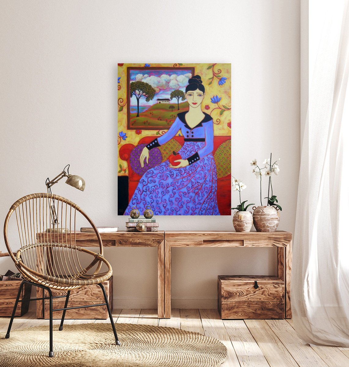 Impressionistic Portrait Acrylic Painting By Karen Rieger, 36 X 48", Woman With Apple (Eve), Original Artwork