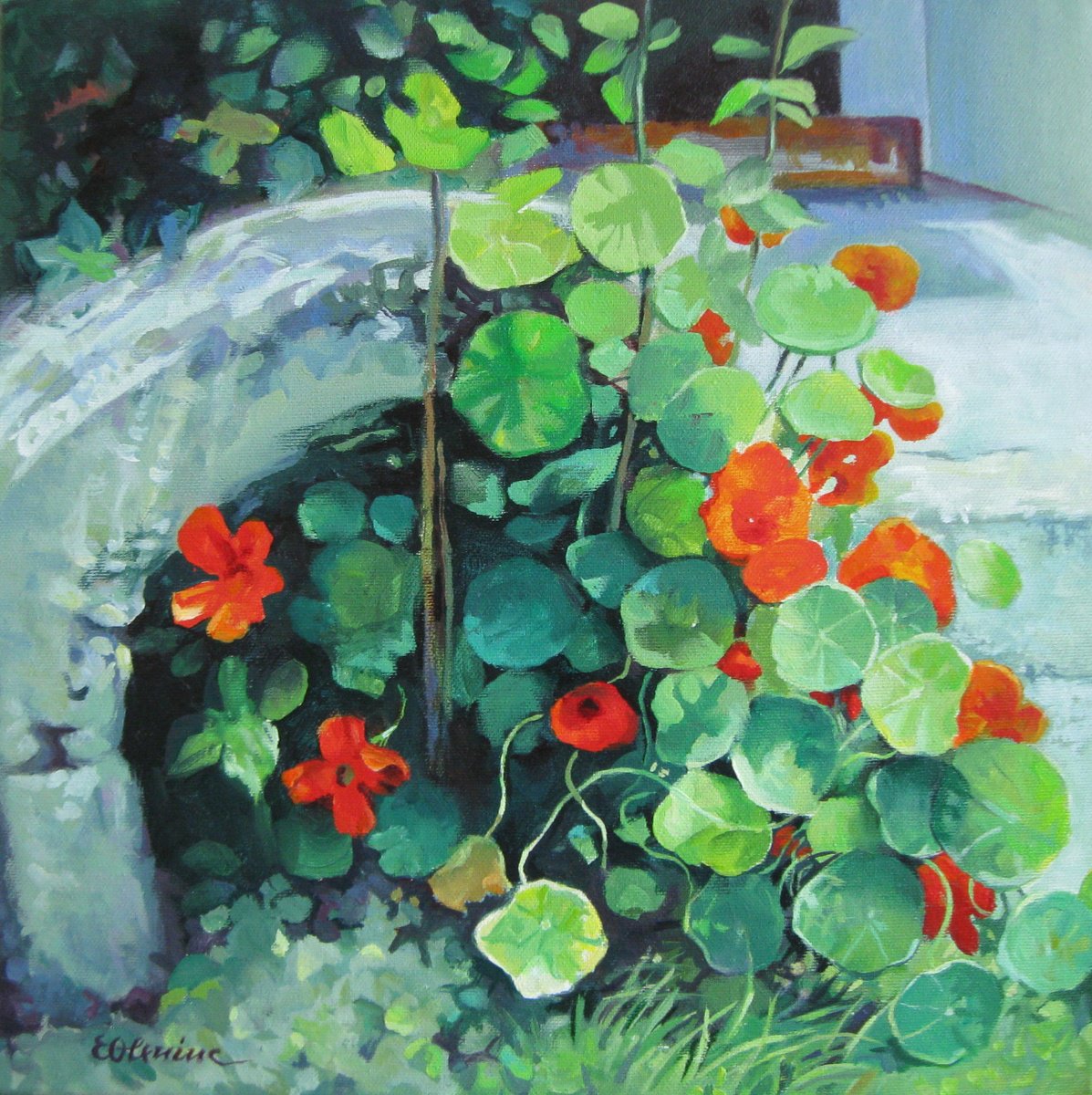 Impressionistic Botanical Acrylic Painting By Elena Oleniuc, 14 X 14, Nasturtiums, Original Artwork