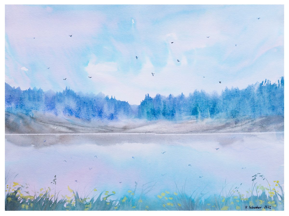 Impressionistic Landscape Watercolour By Yulia Schuster, 13 X 9", Reflections On The Lake, Original Artwork