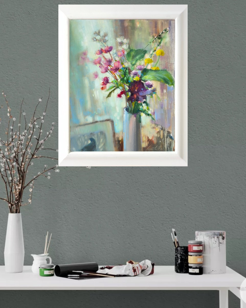 Flowers And A Picture With A Bird By Olha Laptieva, 20 X 24, Artwork For Sale On Artfinder