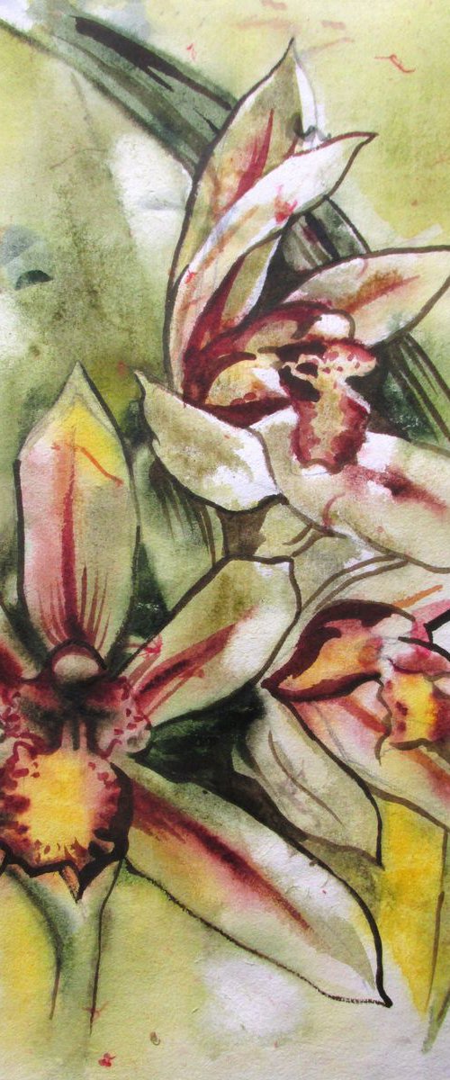 orchid painting on hand made flower paper by Alfred Ng