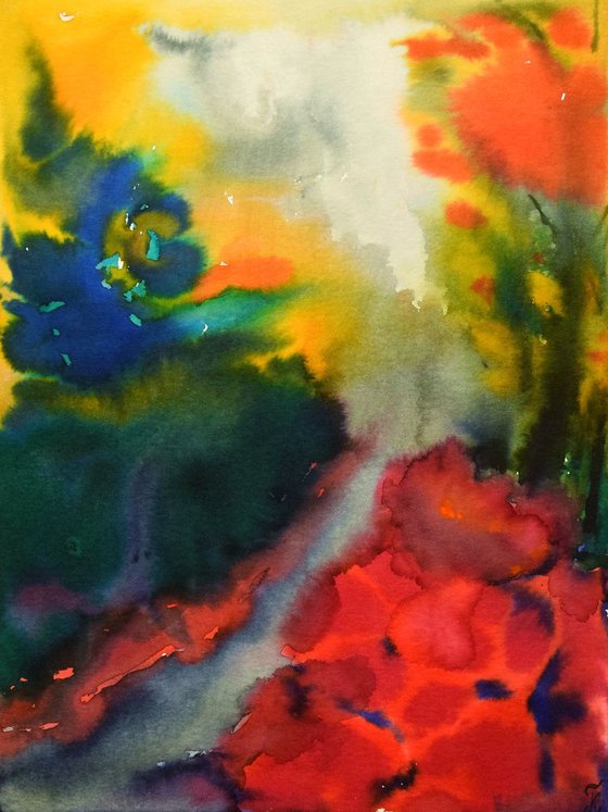 Abstract fall landscape ORIGINAL watercolor painting, autumn home decor