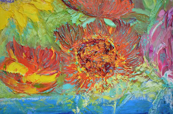Sunflowers,Stocks and Roses Oil Painting