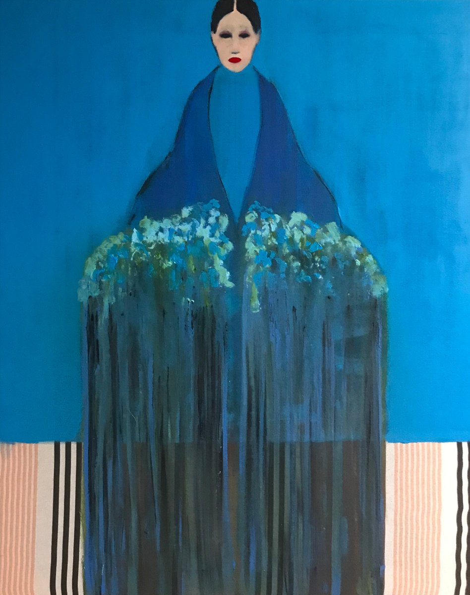 Abstract Portrait Acrylic Painting By Gela Mikava, 31 X 39, The Girl With Bouquet, Original Artwork