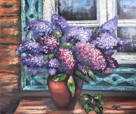 Lilac at the window-lush lilac branches in a clay pot, spring mood, oil still life, rustic style, realism, interior painting.