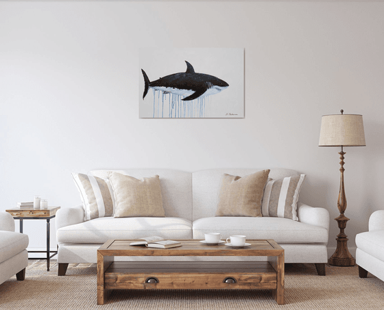 Large Abstract The Great White Shark. Acrylic painting on canvas. Ocean animals, black, white. Painting 61x91cm.