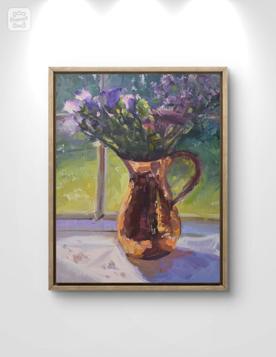 Impressionistic Still Life Oil Painting By Kristina Sellers, 11 X 14", Copper Vase, Original Artwork