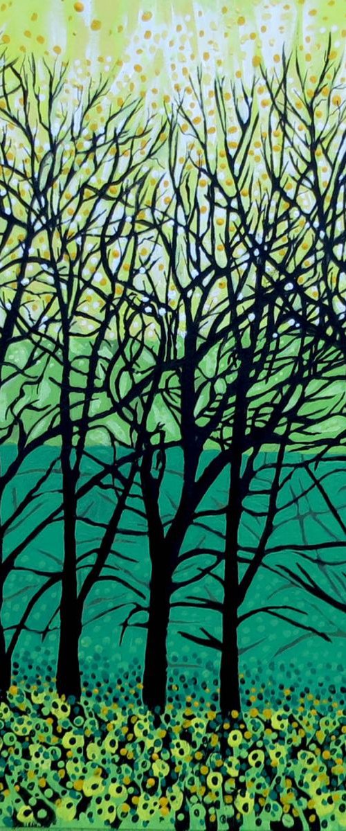 Green Yellow Silhouette Trees by Roz Edwards