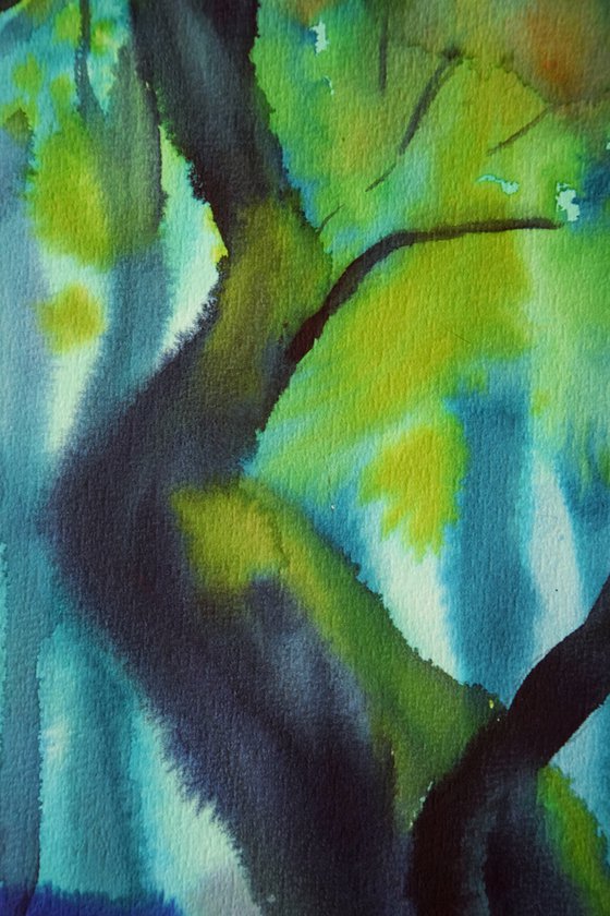 Green forest original watercolor painting, moss trees, mystic wall decor