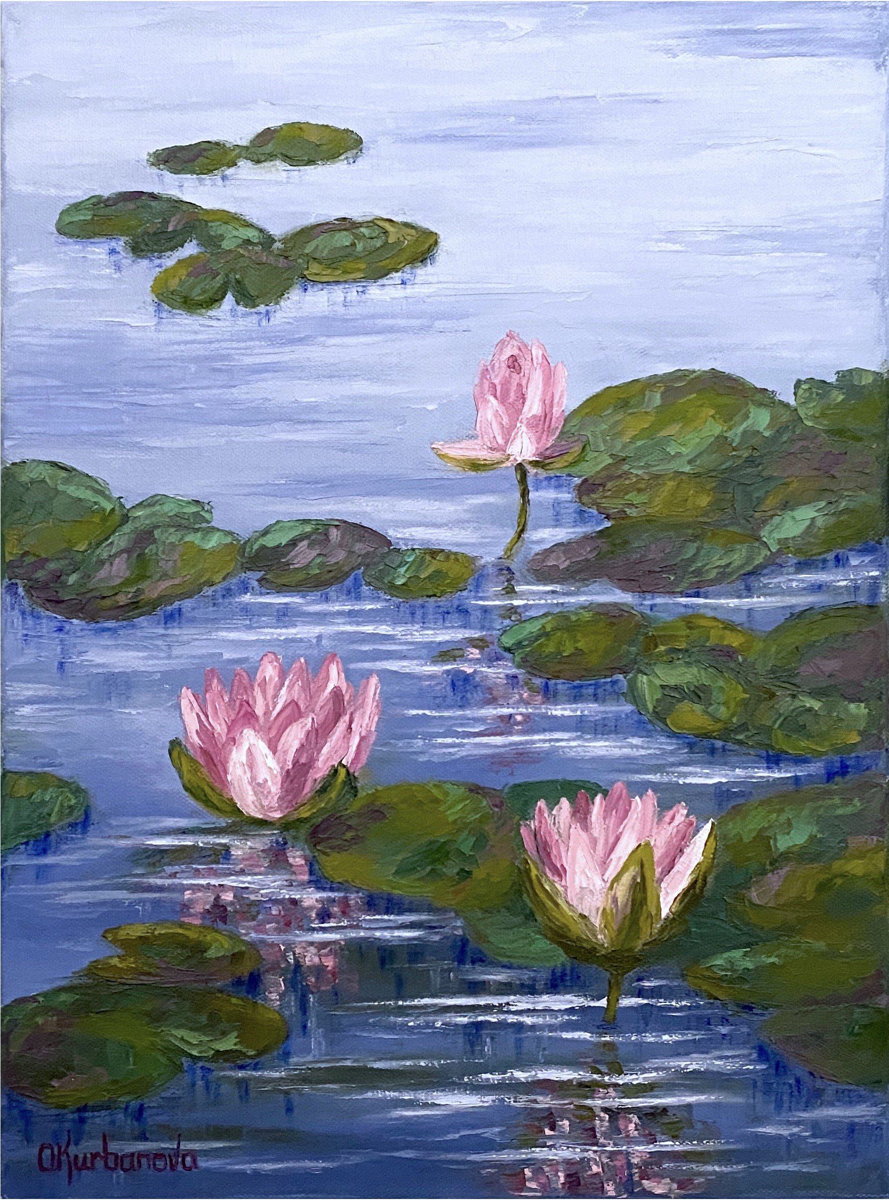 Abstract Botanical Oil Painting By Olga Kurbanova, 12 X 16", Lovely Pond, Original Artwork