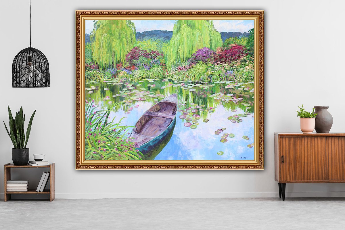 Impressionistic Landscape Oil Painting By Kristen Olson Stone, 60 X 50", The Norwegian Boat At Giverny, Original Artwork