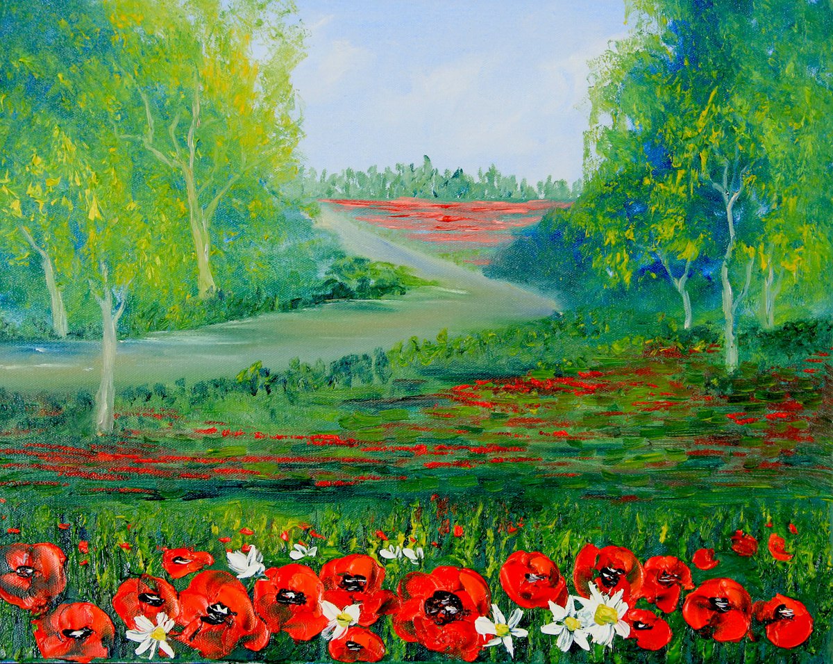 Poppies in the forest original oil painting on canvas by Olya Shevel