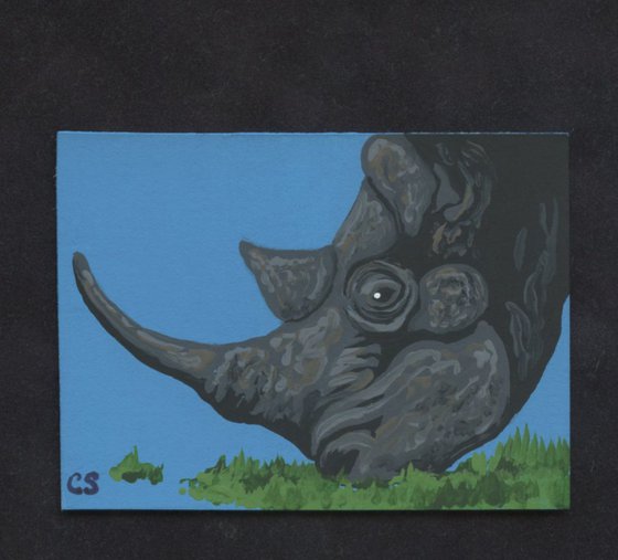 ACEO ATC Original Painting Rhinoceros Wildlife  Art-Carla Smale