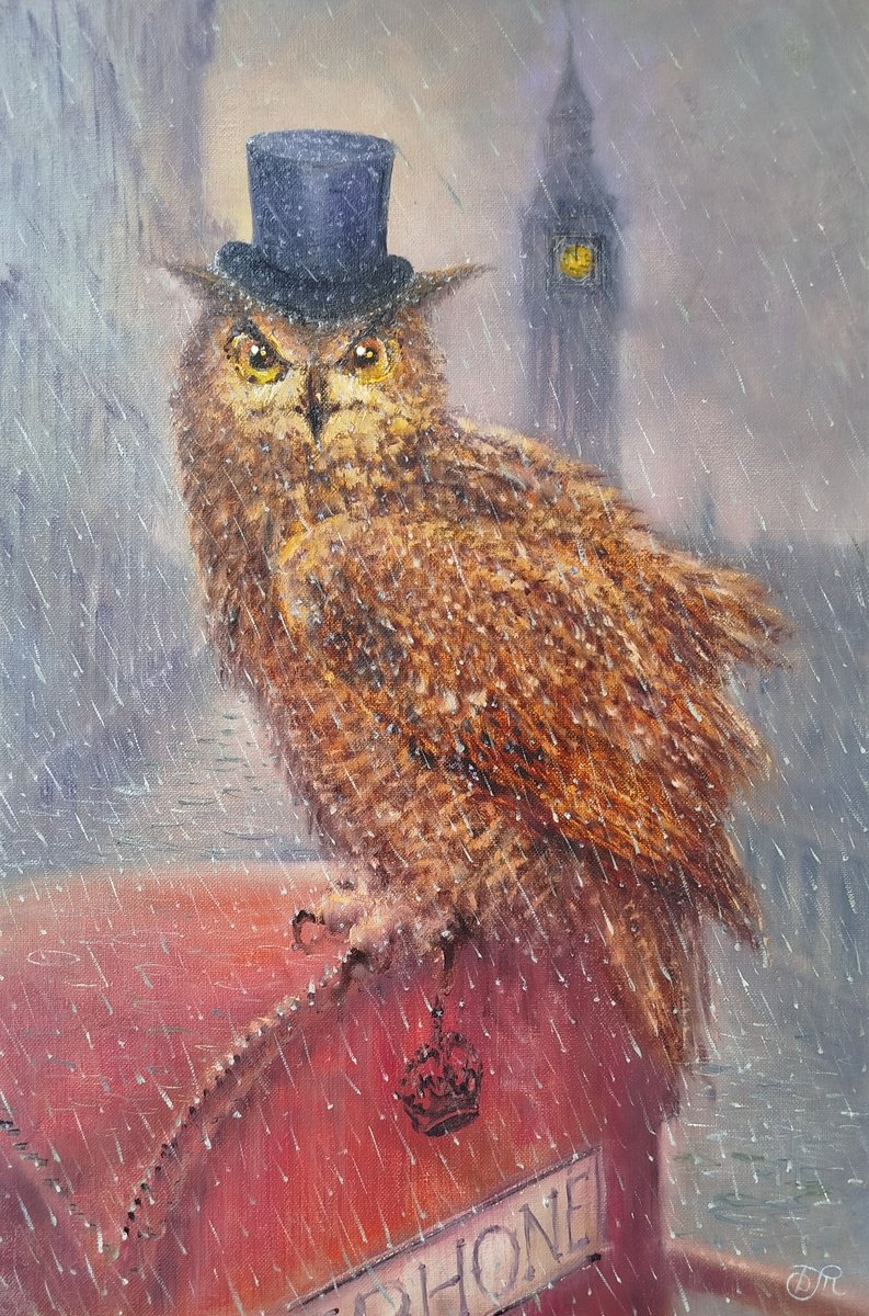 Impressionistic Animal Oil Painting By Dmitrij Tikhov, 15 X 22, Rainy Day In London, Original Artwork