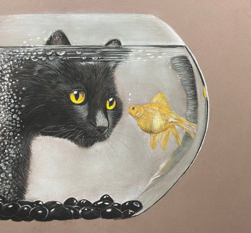 Cat watching goldfish by Maxine Taylor