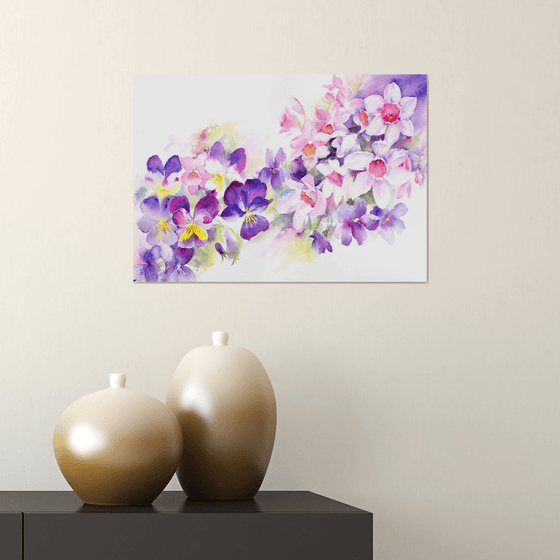 Narcissi & Violets, Daffodil, Spring, Commission, Commissioned art, Floral watercolour