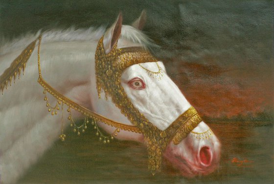 ORIGINAL OIL PAINTING ANIMAL ART THE WHITE HORSE ON LINEN #16-10-2-03