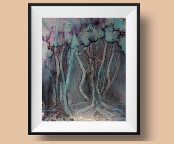 Misty forest. Alcohol Ink abstract painting.