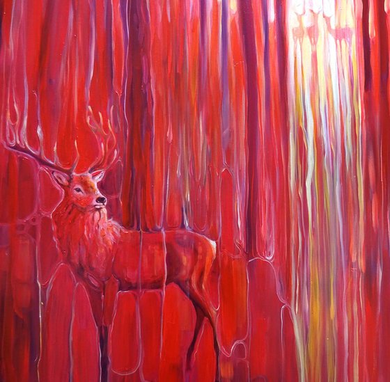 Red Forest Calls - original red oil painting with red deer in a red forest
