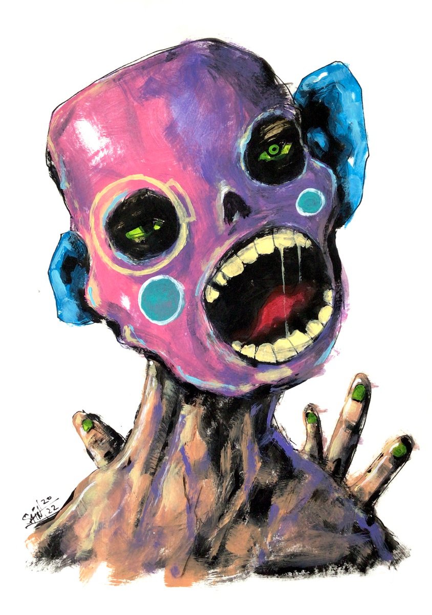 #105 Zombie portrait painting original art, Horror Naive Outsider Folk Art Brut Strange ac... by Ruslan Aksenov