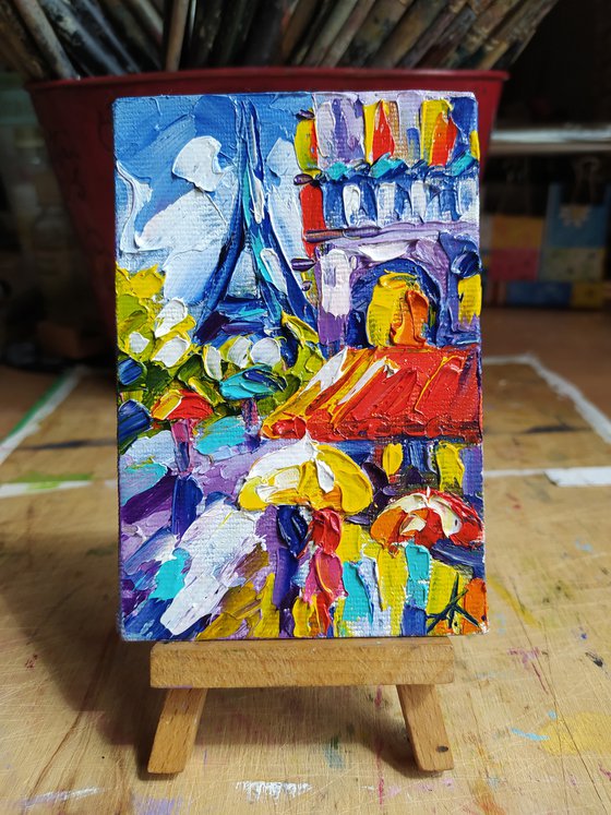 With love from France - small painting, cityscape, postcard, Eiffel Tower, city, gift idea, gift, oil painting, France, Eiffel Tower oil painting