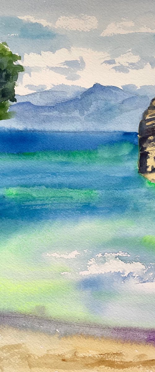 Beach Wall Art, Ocean Painting, Sea Original Watercolor Painting, Greece Landscape Art by Kate Grishakova