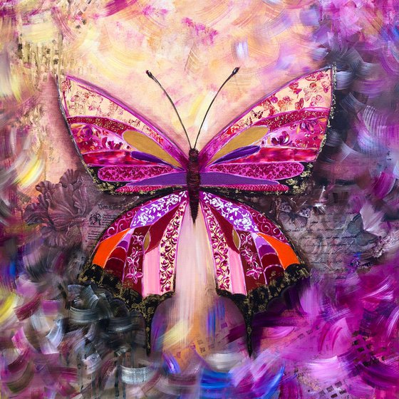 PINK PASSION - Modern pink butterfly. Steampunk style butterfly. Beautiful butterfly. Magic butterfly. Unusual wings. Flight. Crystals. Gold.