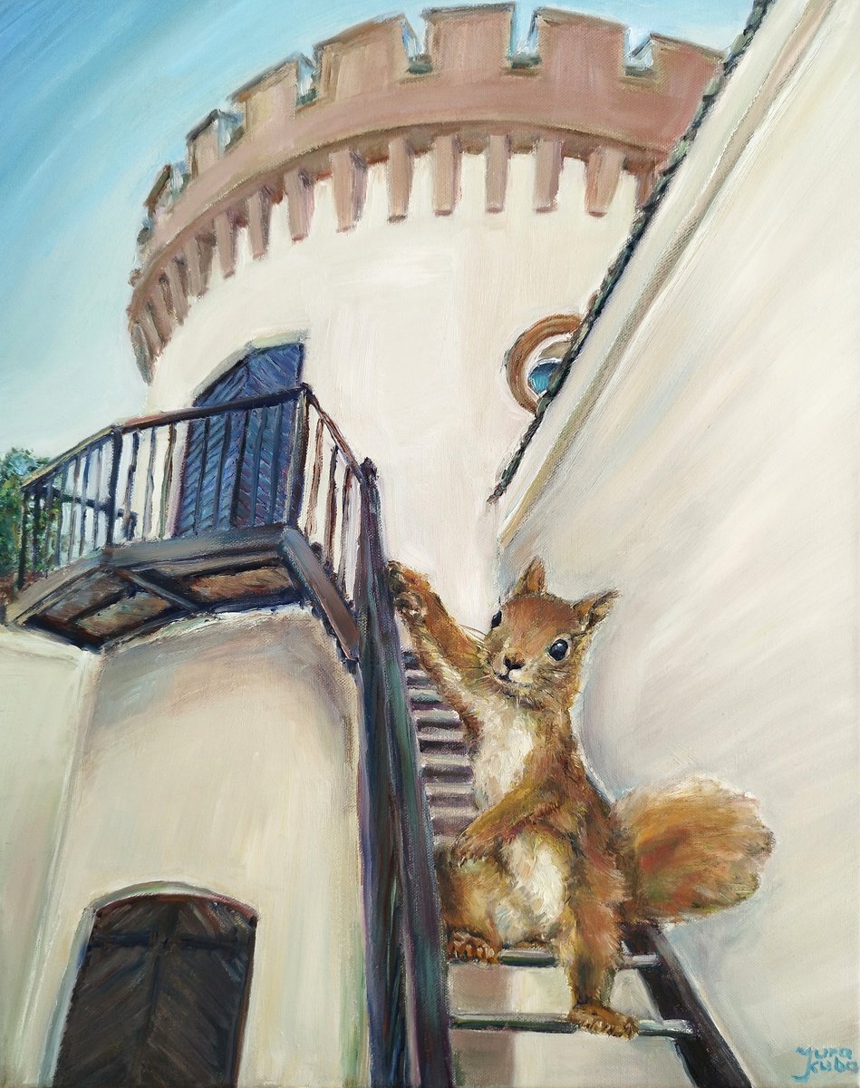 Photorealistic Oil Painting , Squirrel On The Stairs By Jura Kuba Art, 16 X 20, Artwork For Sale On Artfinder