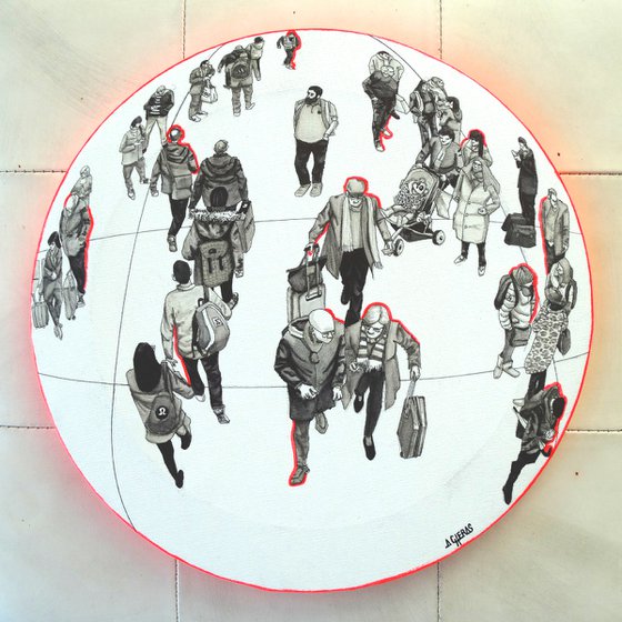 Fish-Eye People Commuting Red Neon