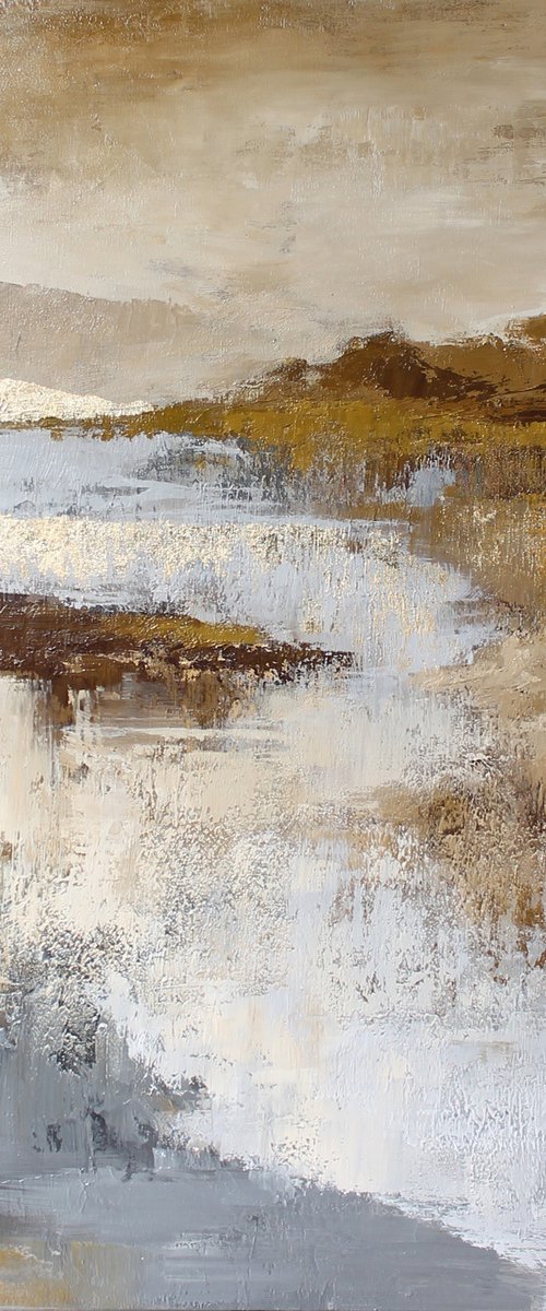 "Mountain" cream gold abstract landscape by Solomia Shara