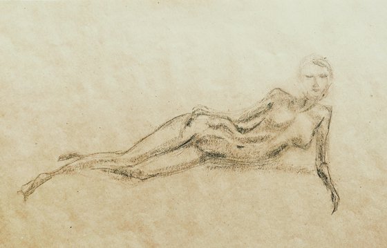 Nude. Sketch. Original pencil drawing on beige paper