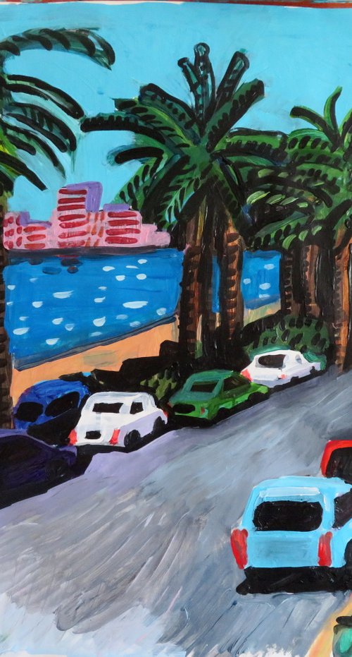 Baie des Anges 1950s cars and palms 2 by Stephen Abela