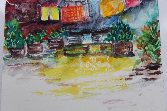 Indian Street Scene with Kolam - Watercolour painting