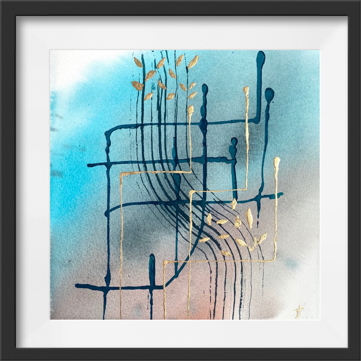 Modern abstraction in blue and brown colores with gold brass leaf 28 x 28 cm by Irina Povaliaeva