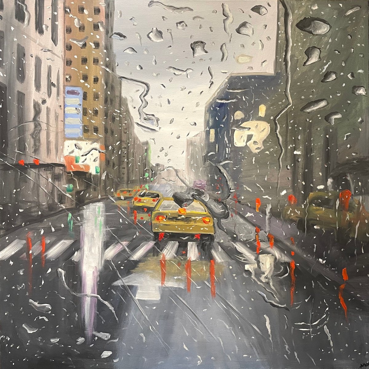 Impressionistic Cityscapes Oil Painting By Aisha Haider, 35 X 35, Droplets Of Rain, Original Artwork