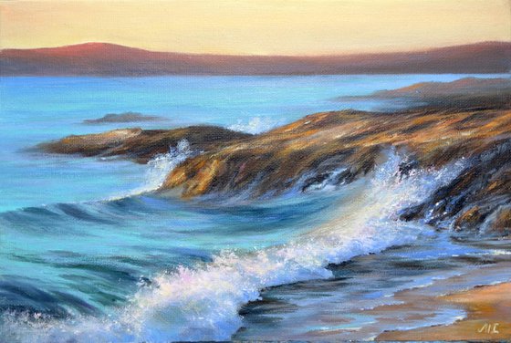 Sea Surf Painting - Ocean Original Art California Coast Art Seascape Wall Art 12" by 8"