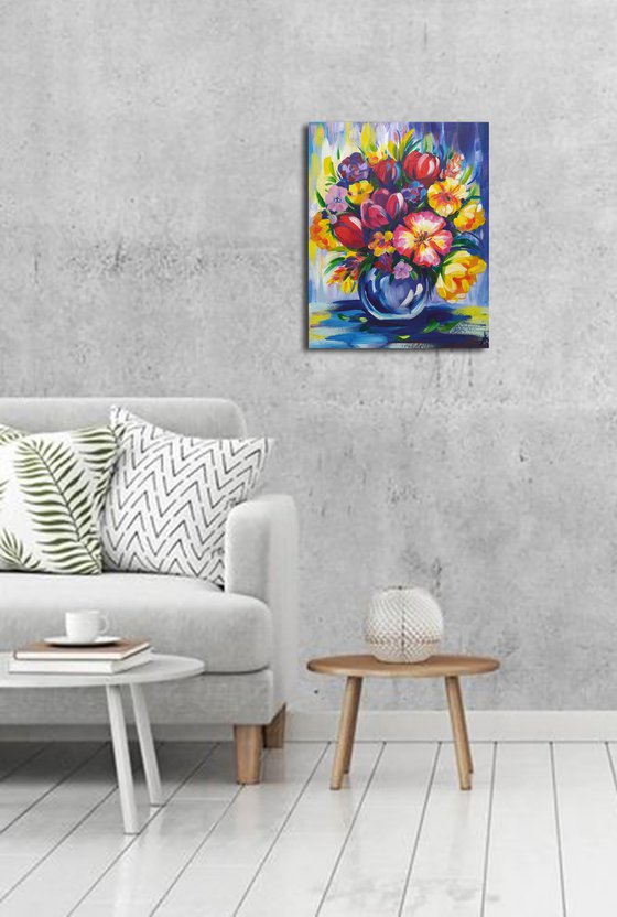 Tulips - flowers, tulips artylic, acrylic painting, bouquet of flowers, still life, bouquet of tulips, flowers in vase