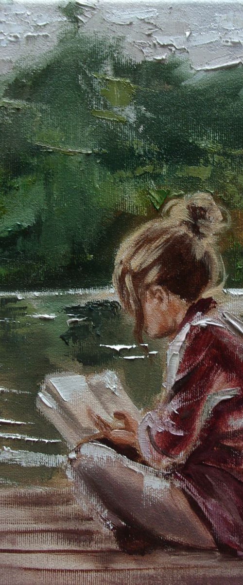 " A STORY FROM HER BOOK ... " original painting LAKE palette knife GIFT by Monika Luniak
