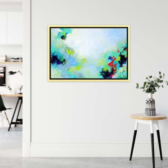 3D Abstract Painting on Canvas. Bright Colors, Blue Green White Violet Turquoise Teal, Bold Modern Art with Brush Strokes Texture